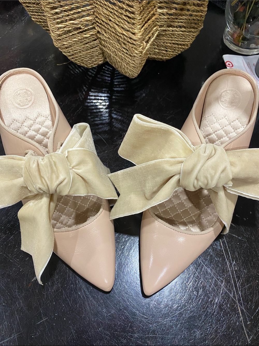 Tory Burch Nude Blush Pointed-Toe Mules with Cream Bow